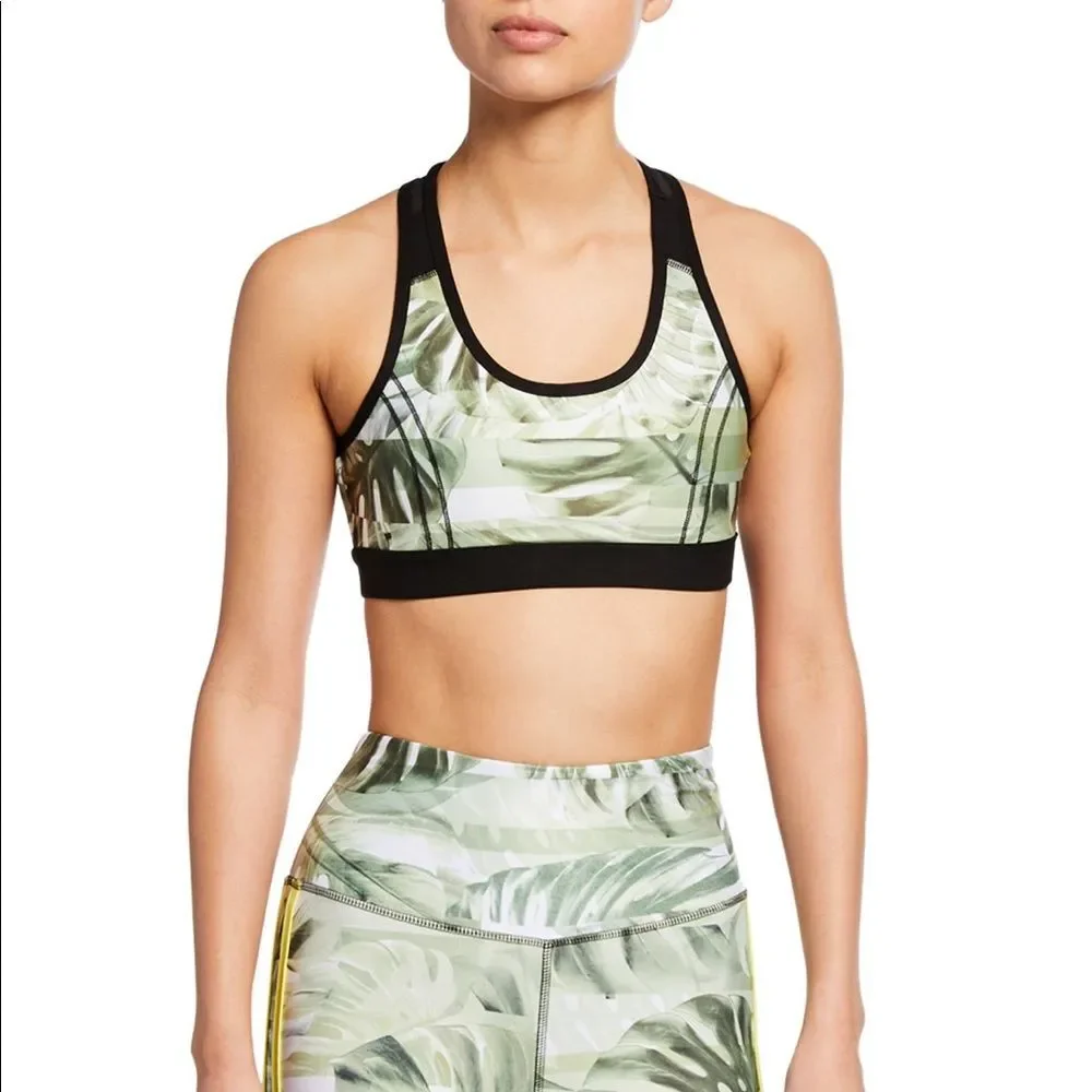 X by Gottex Mesh Contrast Floral Scoop Neck Racerback Sports Bra XS Green Black